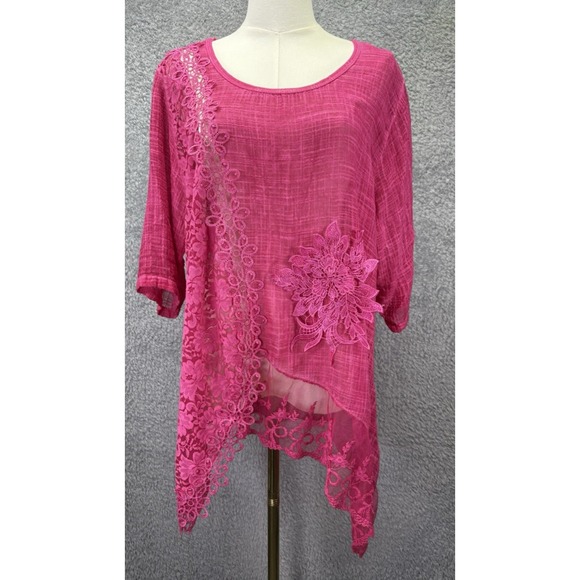 Tops - Made in Italy Womens L Pink Floral Lace Tunic Top Boho Lagenlook Romantic